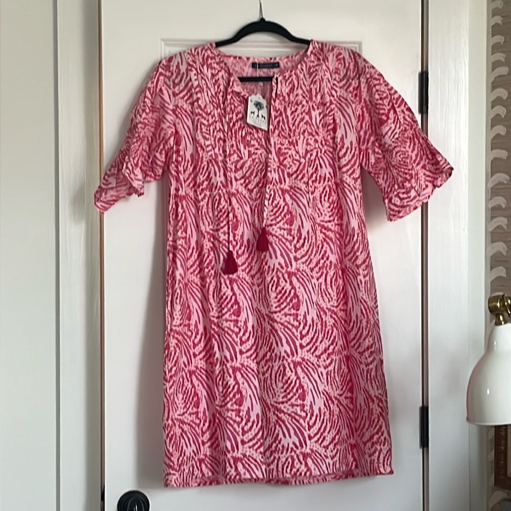 La Plage Bright pink and white shirt summer cotton dress. Size M